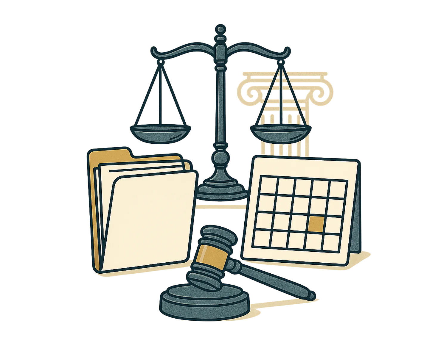 Ilustrație juridică: balanță, dosar, calendar procedural și ciocănel
